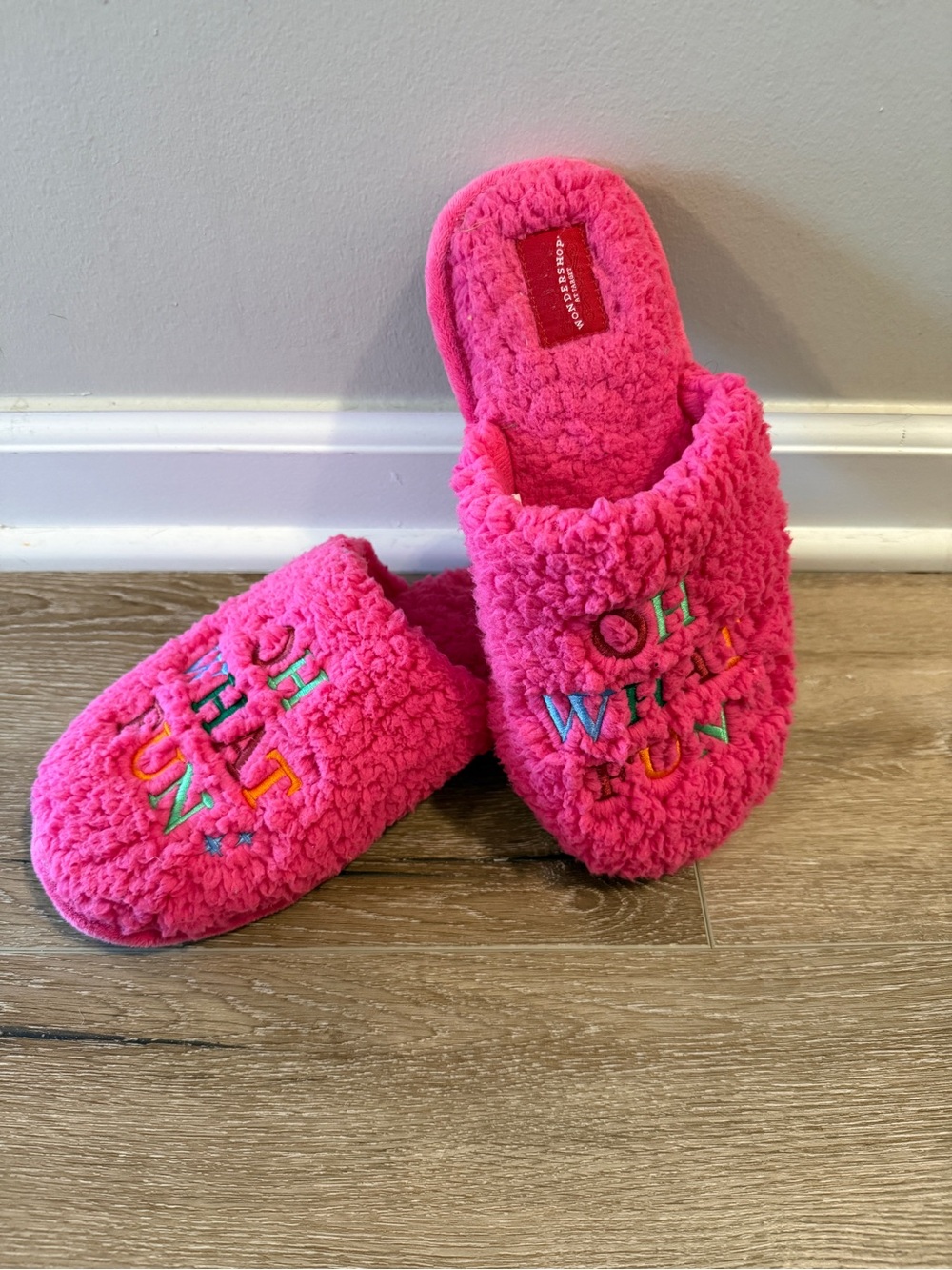 Wondershop Hot Pink Sherpa Slide Slippers with Multicolor Embroidery